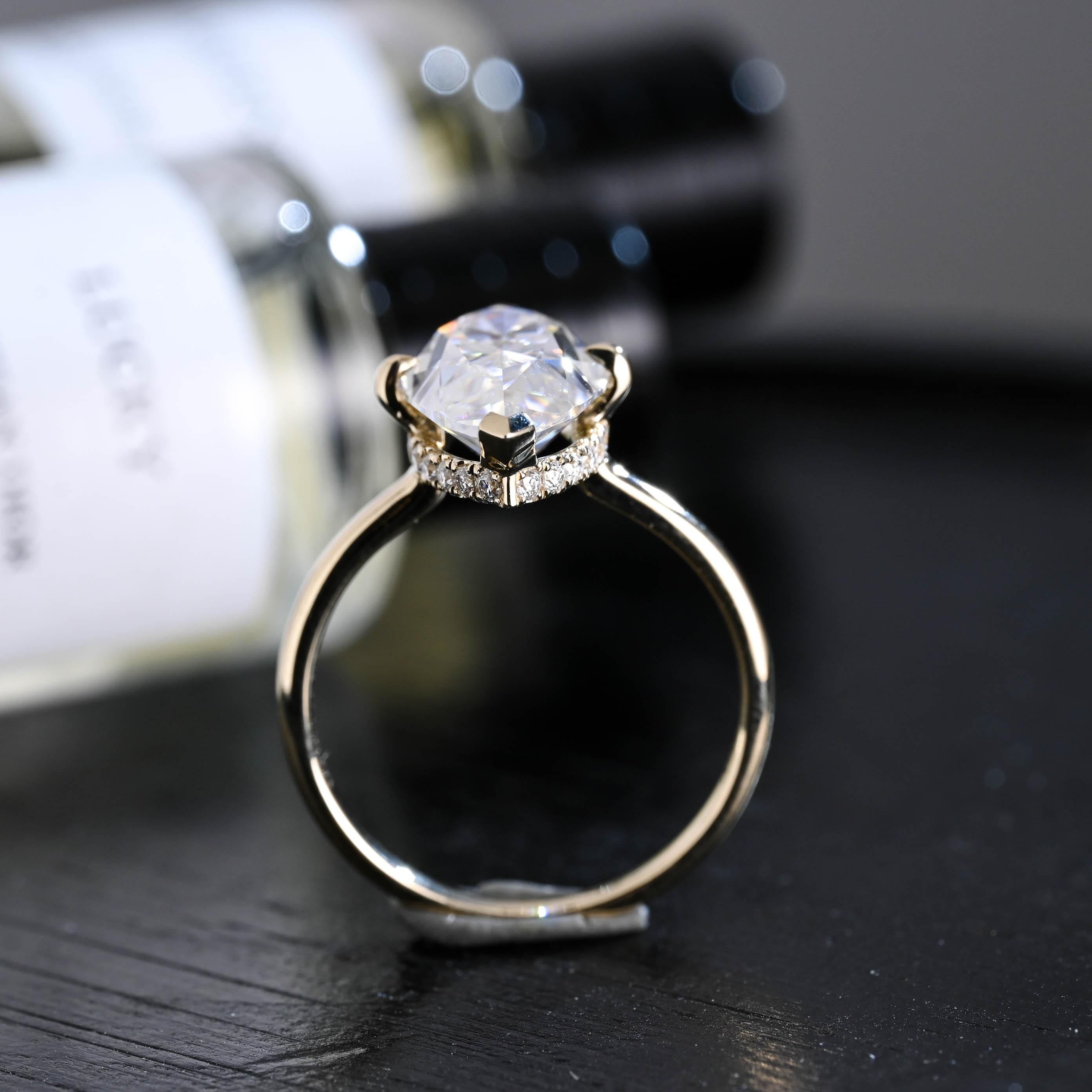 Solid Gold Marquise Cut Moissanite Engagement Ring, Hidden Halo Promise Ring