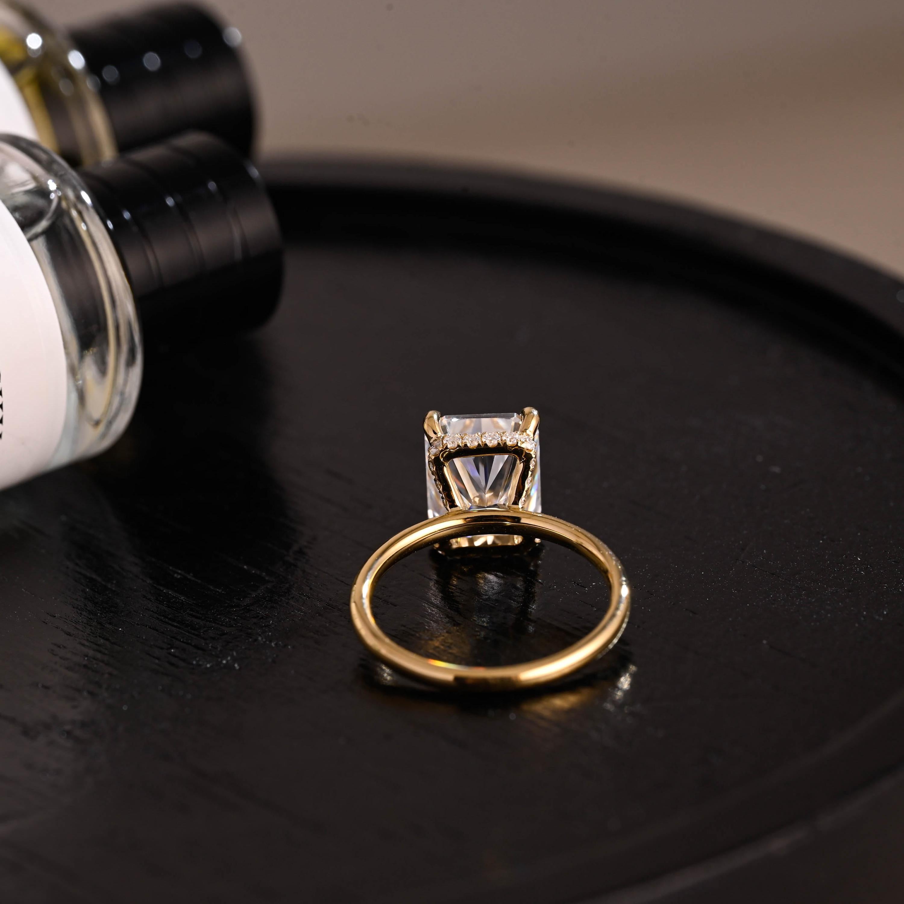 Solid Gold Crushed Ice Cut Ascot Hidden Halo Radiant Cut Moissanite Engagement Ring