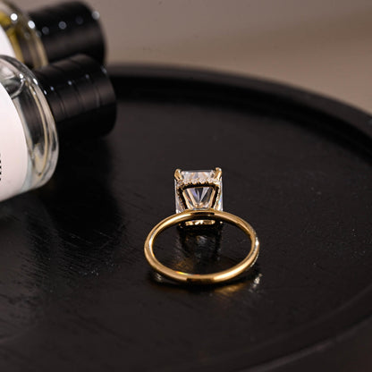 Solid Gold Crushed Ice Cut Ascot Hidden Halo Radiant Cut Moissanite Engagement Ring