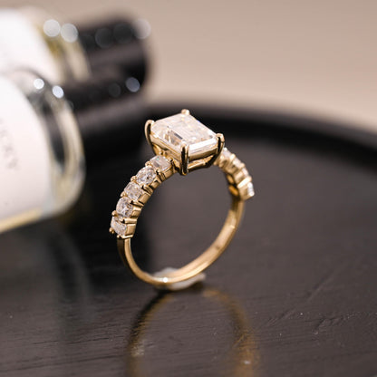Solid Gold Emerald Cut Moissanite Engagement Ring, Low Setting Emerald Cut Wedding Ring, Side Pave Anniversary Ring, Moissanite Promise Ring
