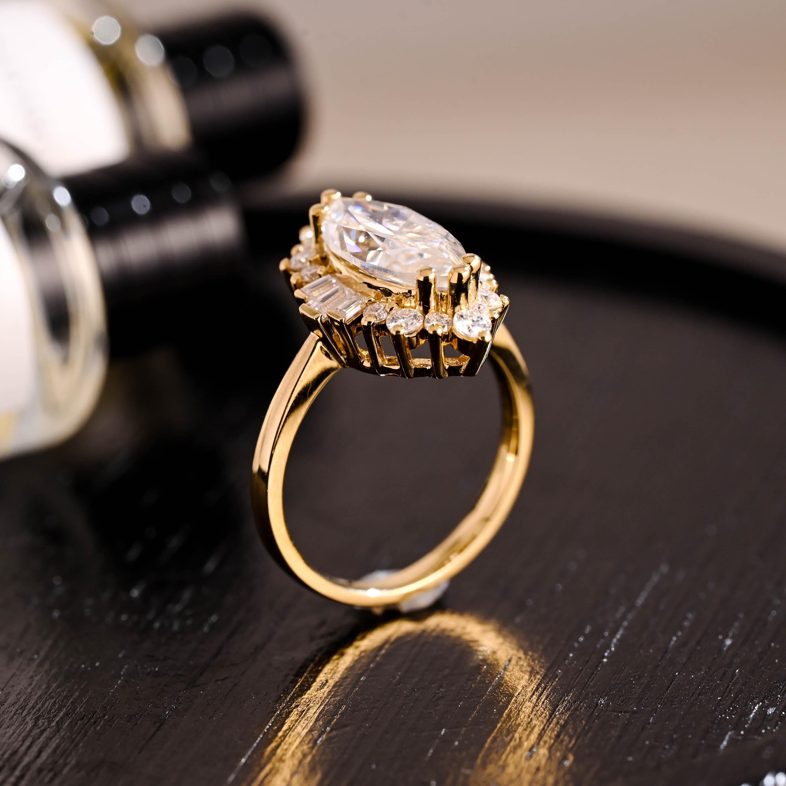 Starburst Marquise Moissanite Engagement Ring, Solid Gold Promise Ring