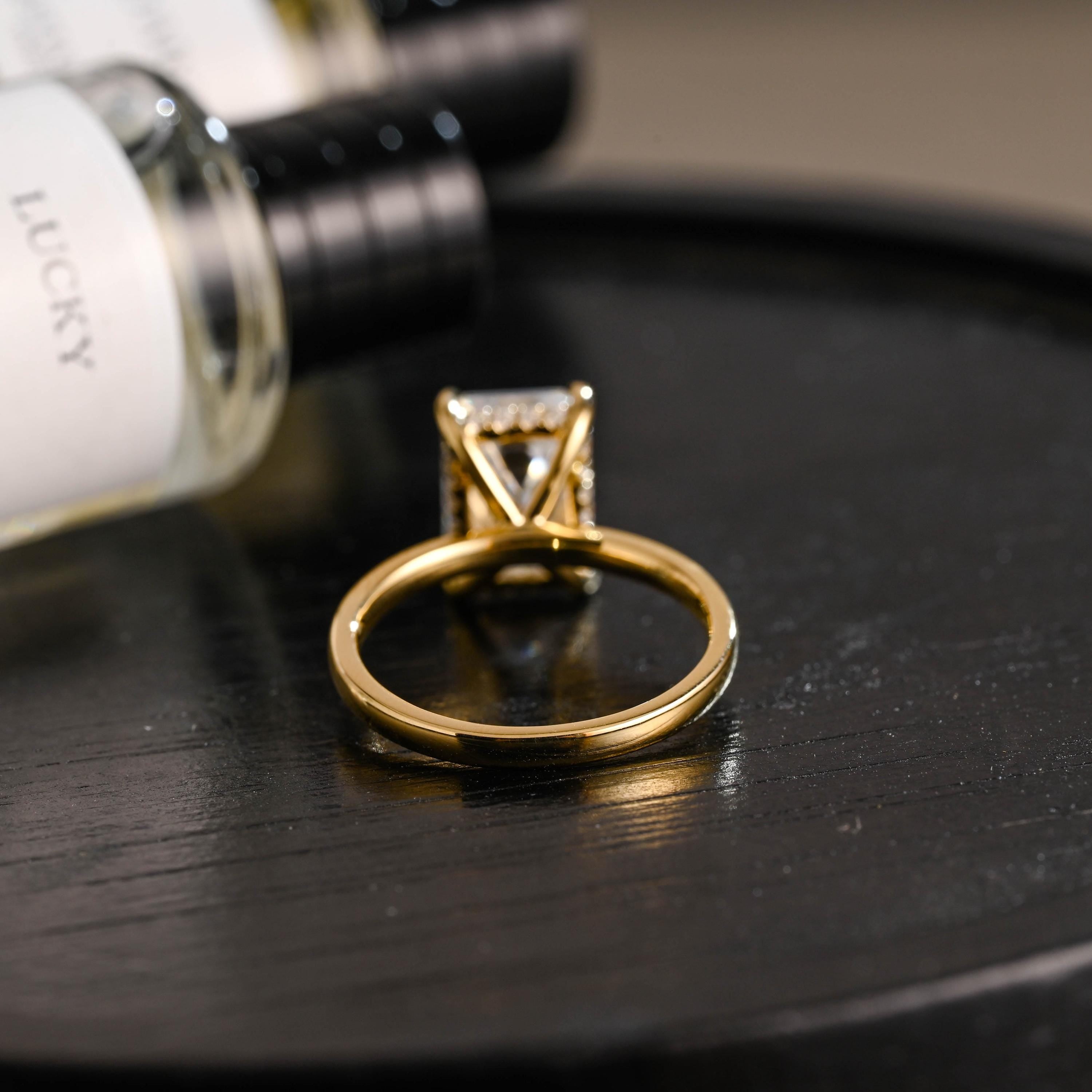 Solid Gold Hidden Halo Emerald Cut Moissanite Engagement Ring, Proposal Ring, Promise Ring, Wedding Ring, Anniversary Gift for Women Wife