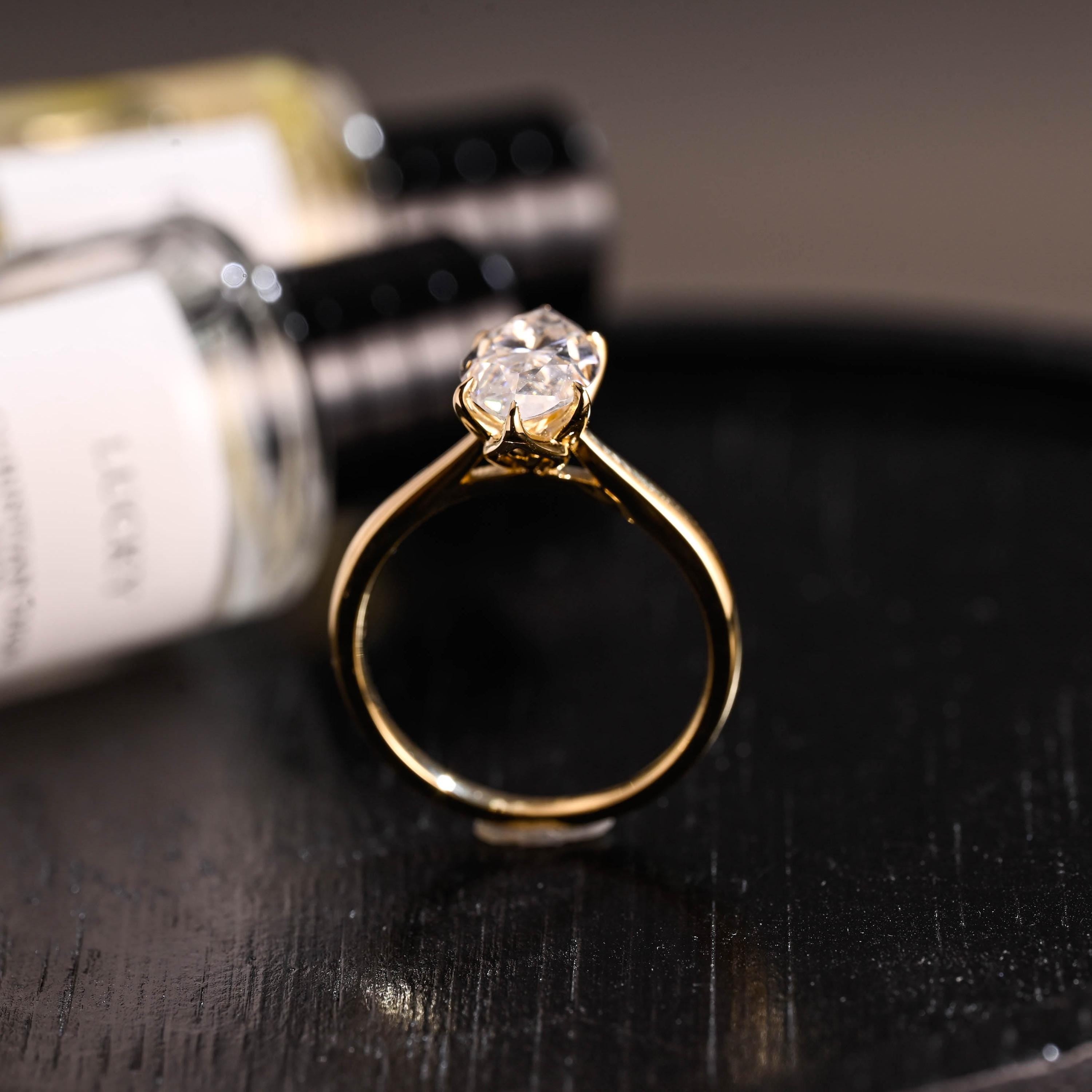 Tulip Set Solitaire Marquise Cut Moissanite Engagement Ring, Solid Gold Cathedral Setting Ring