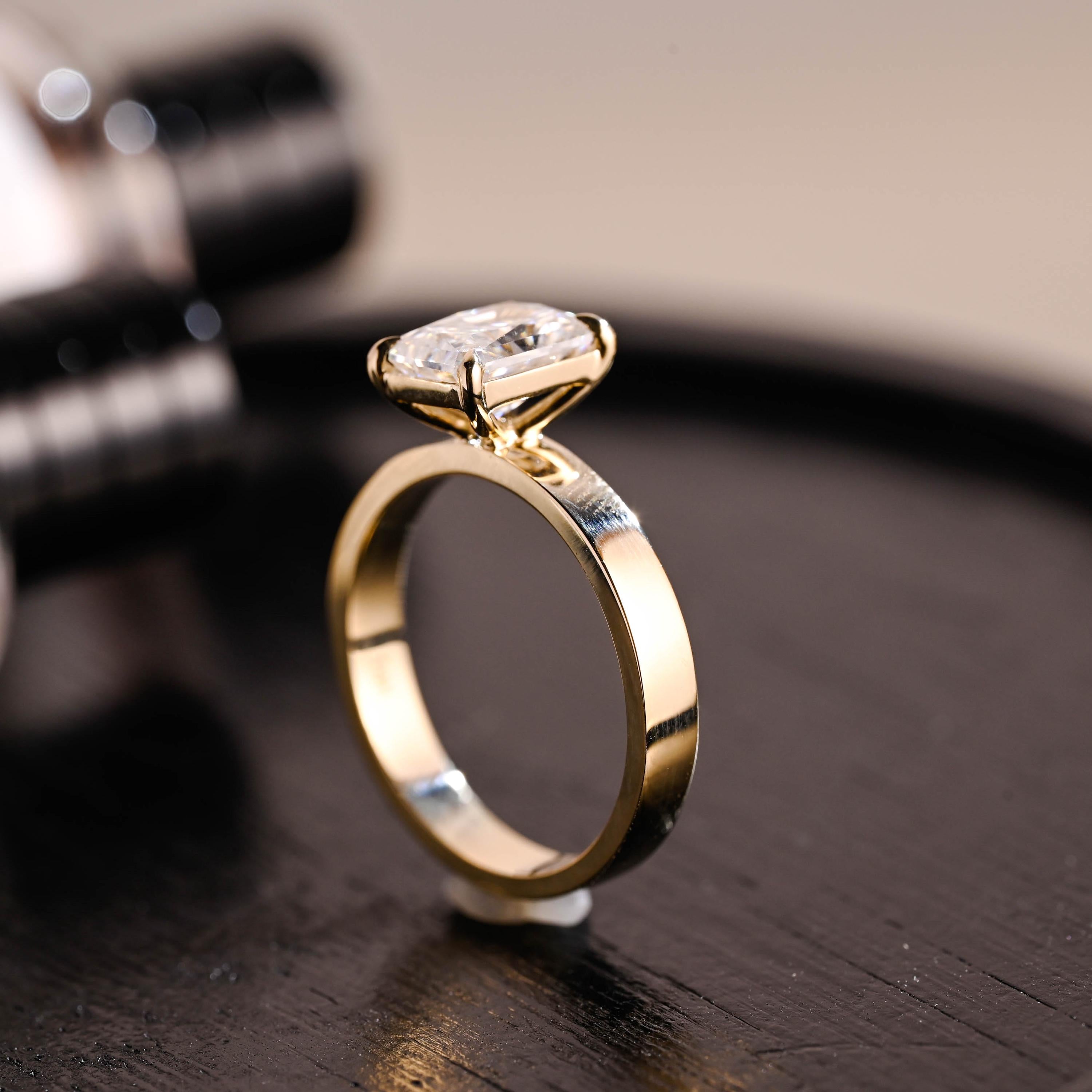 Solid Gold Radiant Cut Solitaire Moissanite Ring, Rectangular Engagement Ring, Gift for Her
