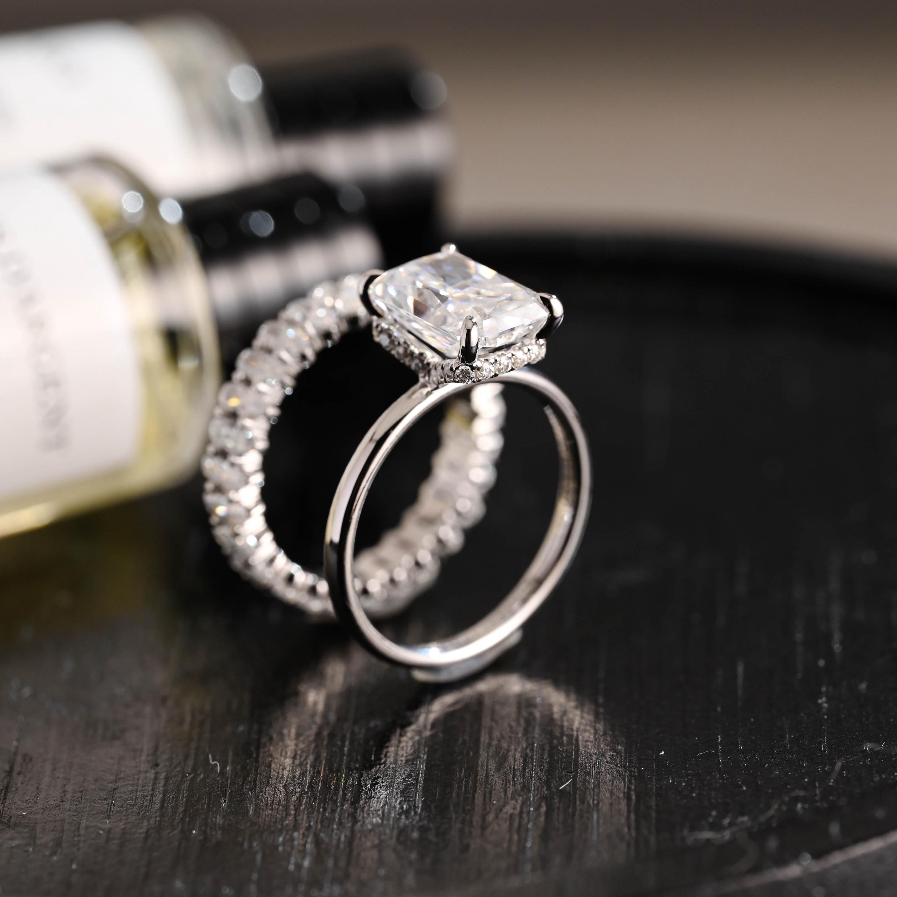 Ascot Radiant Cut Moissanite Engagement Ring Set, Solid Gold Oval Cut Wedding Ring