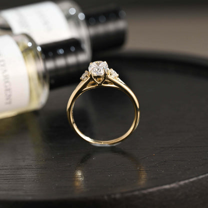 Solid Gold Three Stone Oval Moissanite Engagement Ring, Anniversary Gift Birthday Gift for Women