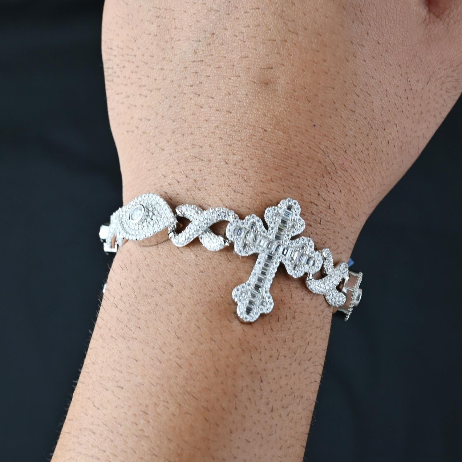 Moissanite Infinity Cross Evil Eye Bracelet: 925 Sterling Silver, 16 Carats