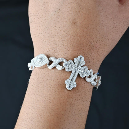Moissanite Infinity Cross Evil Eye Bracelet: 925 Sterling Silver, 16 Carats