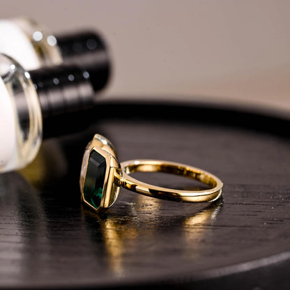 Bezel Toi et Moi Engagement Ring, Lab Grown Emerald Ring, Solid Gold Pear Cut Moissanite Wedding Ring