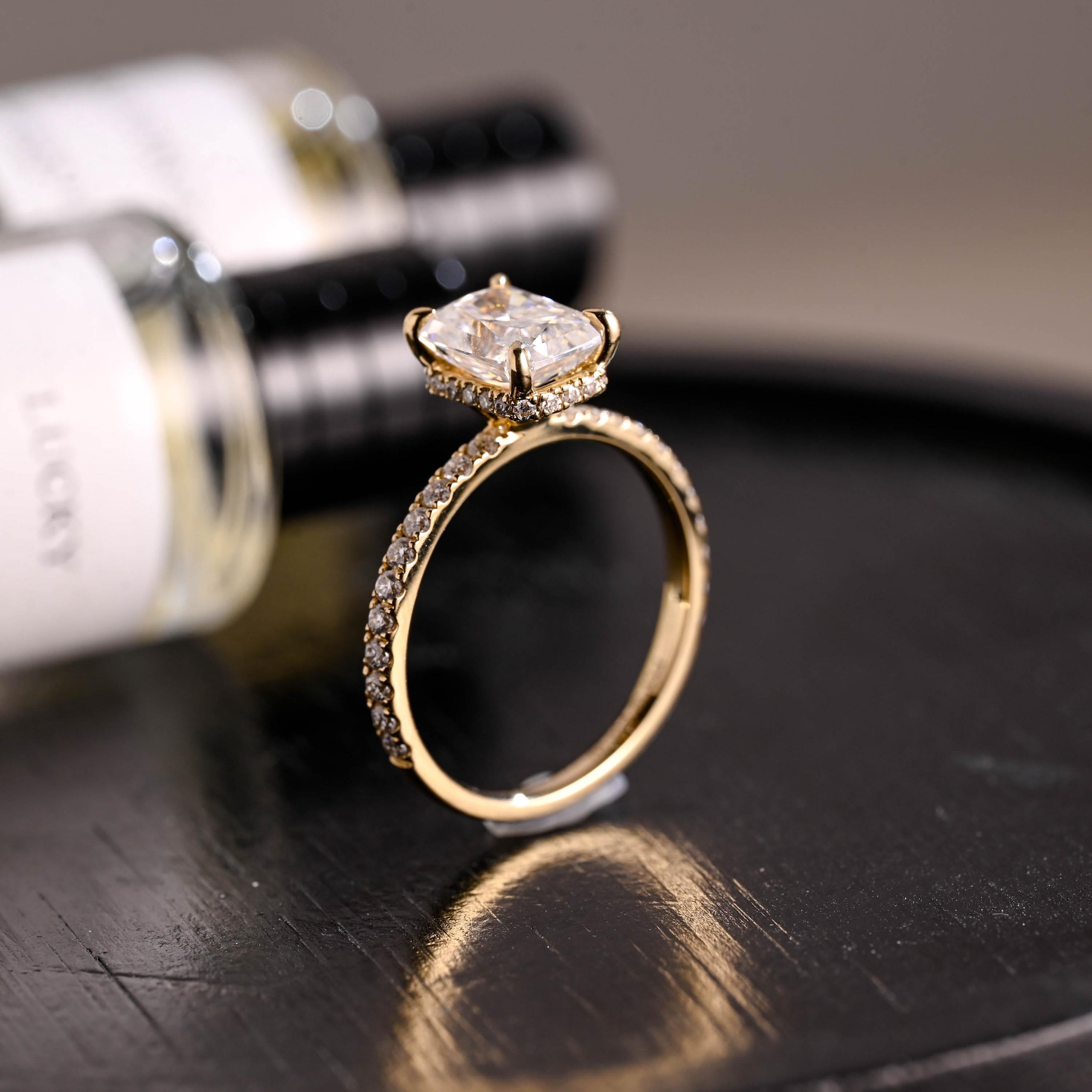 Solid Gold Half Eternity Radiant Cut Moissanite Engagement Ring, Anniversary Gift for Women Wife