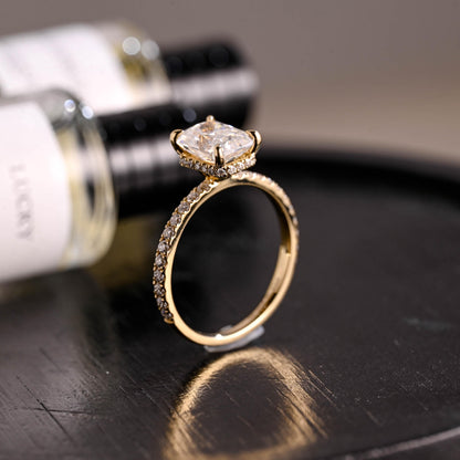 Solid Gold Half Eternity Radiant Cut Moissanite Engagement Ring, Anniversary Gift for Women Wife
