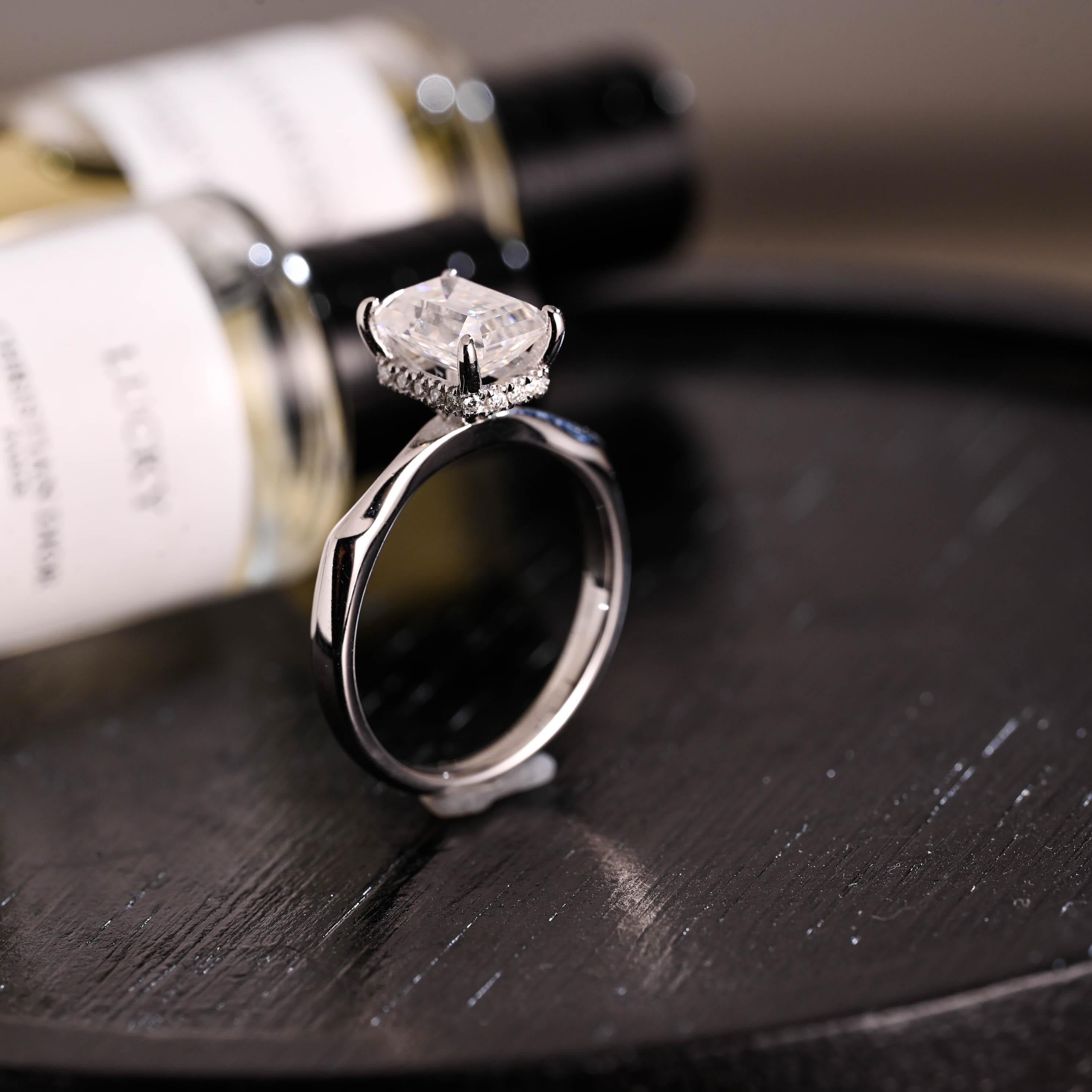 Solid Gold Hidden Halo Emerald Cut Moissanite Engagement Ring, Proposal Ring, Promise Ring, Wedding Ring, Anniversary Gift for Women Wife