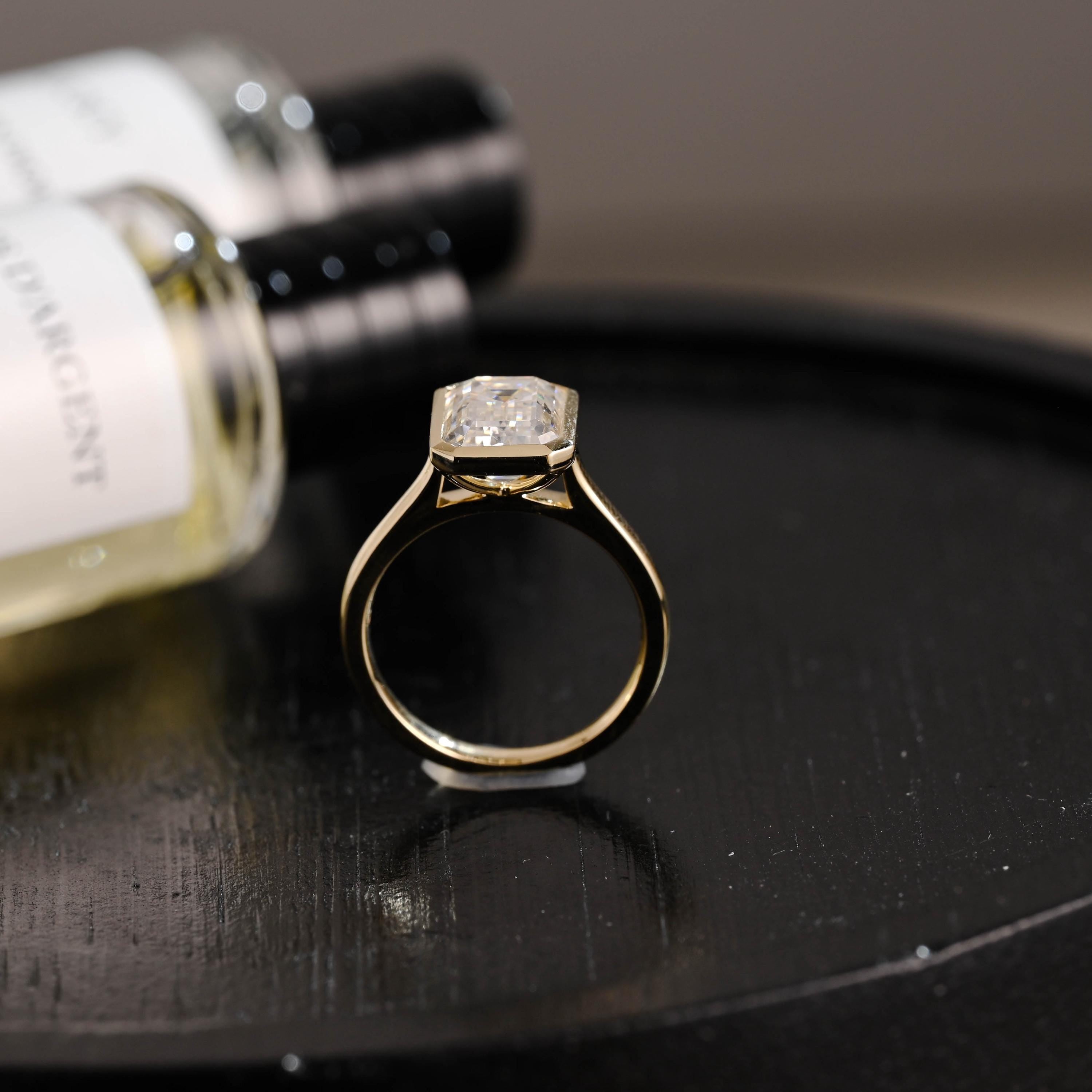 Solid Gold Bezel Emerald Cut Moissanite Engagement Ring, Solitaire Cathedral Setting Emerald Cut Wedding Ring
