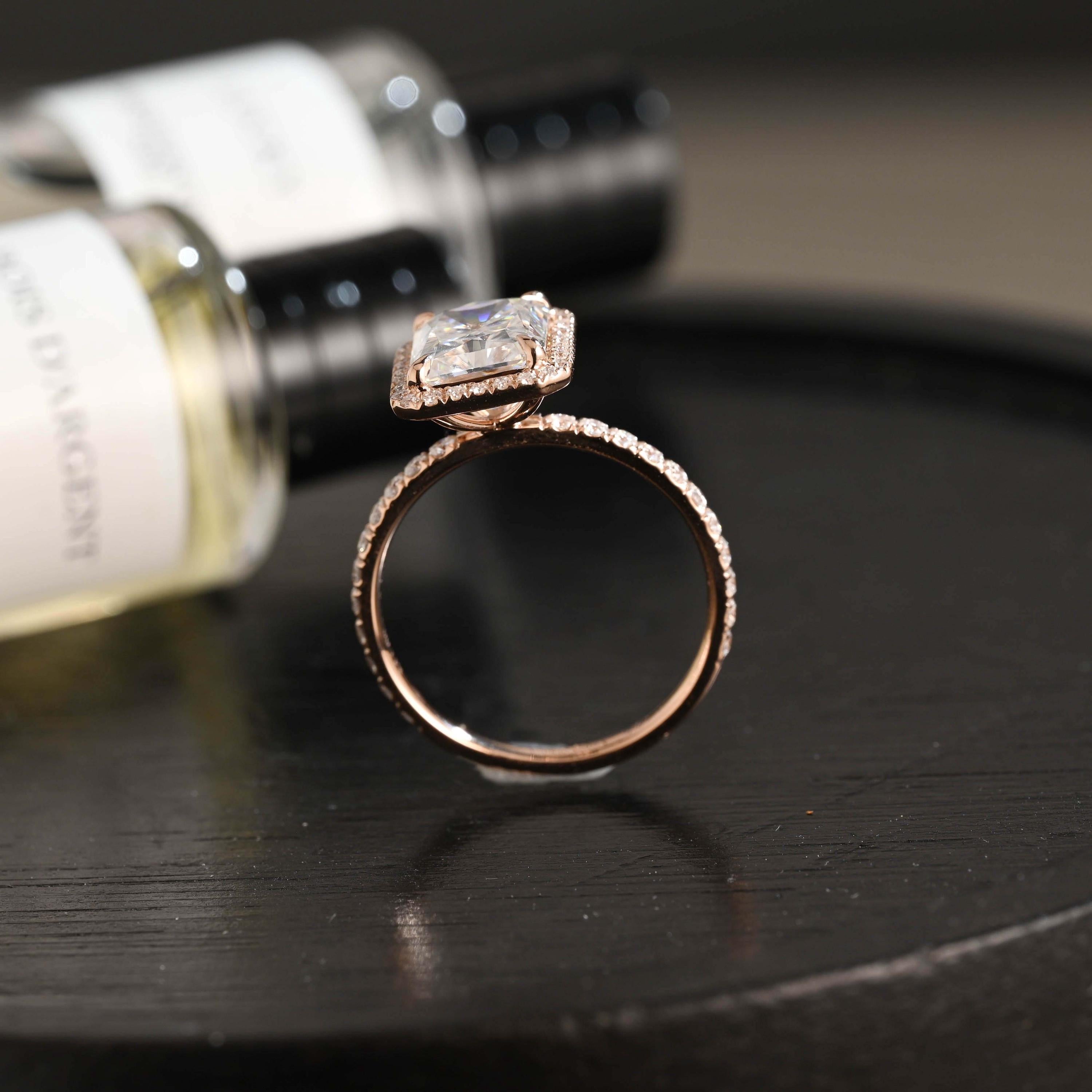 Solid Gold Radiant Cut Moissanite Engagement Ring, Halo Pave Vintage Style Wedding Ring