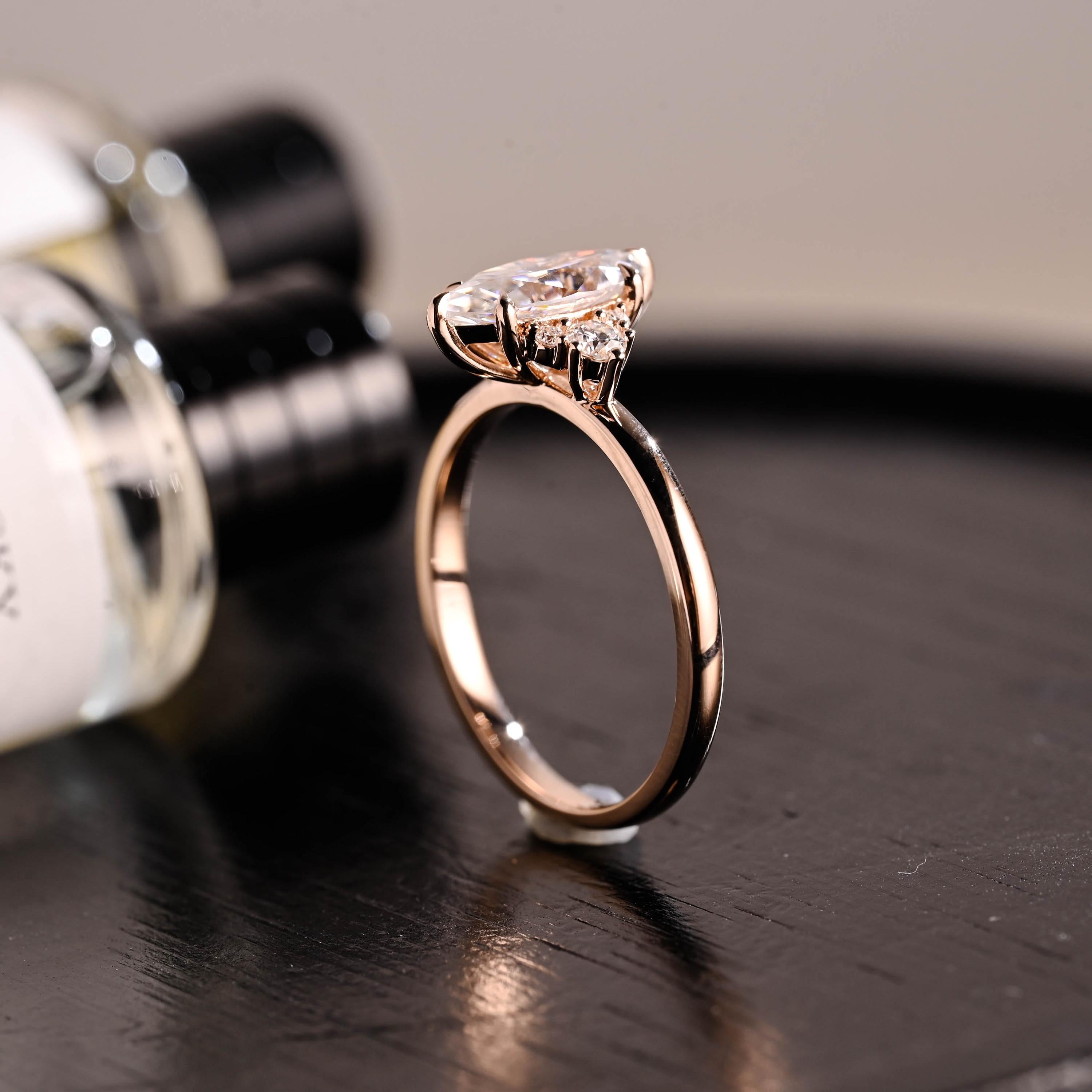 Marquise Cut Moissanite Engagement Ring, Starburst Side Cluster, Anniversary Gift