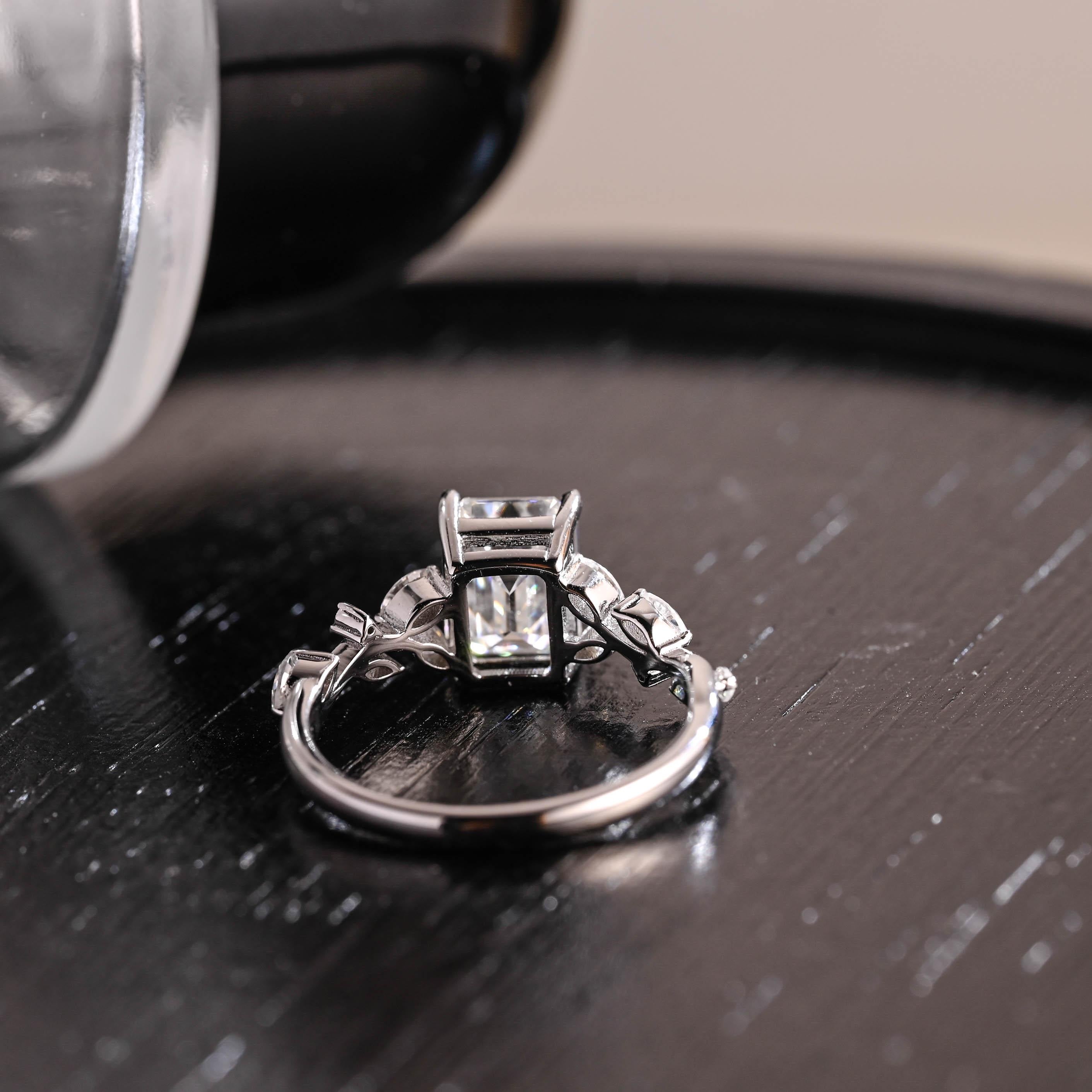 Solid Gold Side Cluster Emerald Cut Moissanite Engagement Ring, Anniversary Ring, Moissanite Leaf Ring