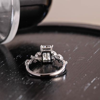 Solid Gold Side Cluster Emerald Cut Moissanite Engagement Ring, Anniversary Ring, Moissanite Leaf Ring