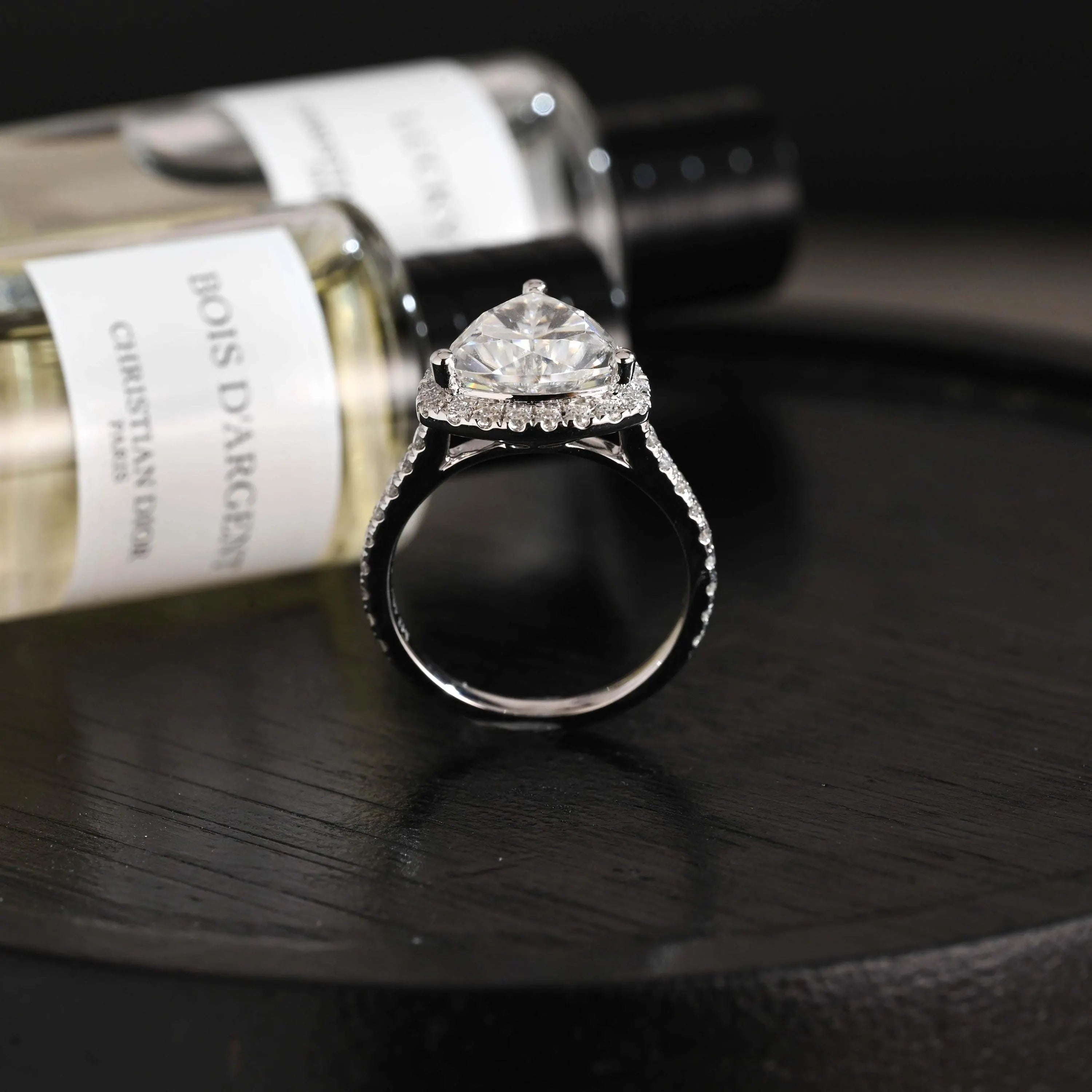 Trilliant Cut Moissanite Engagement Ring, Halo Pave Cathedral Trilliant Cut Wedding Ring