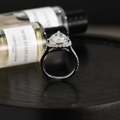 Trilliant Cut Moissanite Engagement Ring, Halo Pave Cathedral Trilliant Cut Wedding Ring