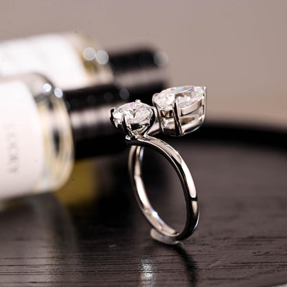 Toi et Moi Moissanite Engagement Ring, Round/Pear Cut Moissanite Solid Gold Ring, Two-Stone Wedding Ring