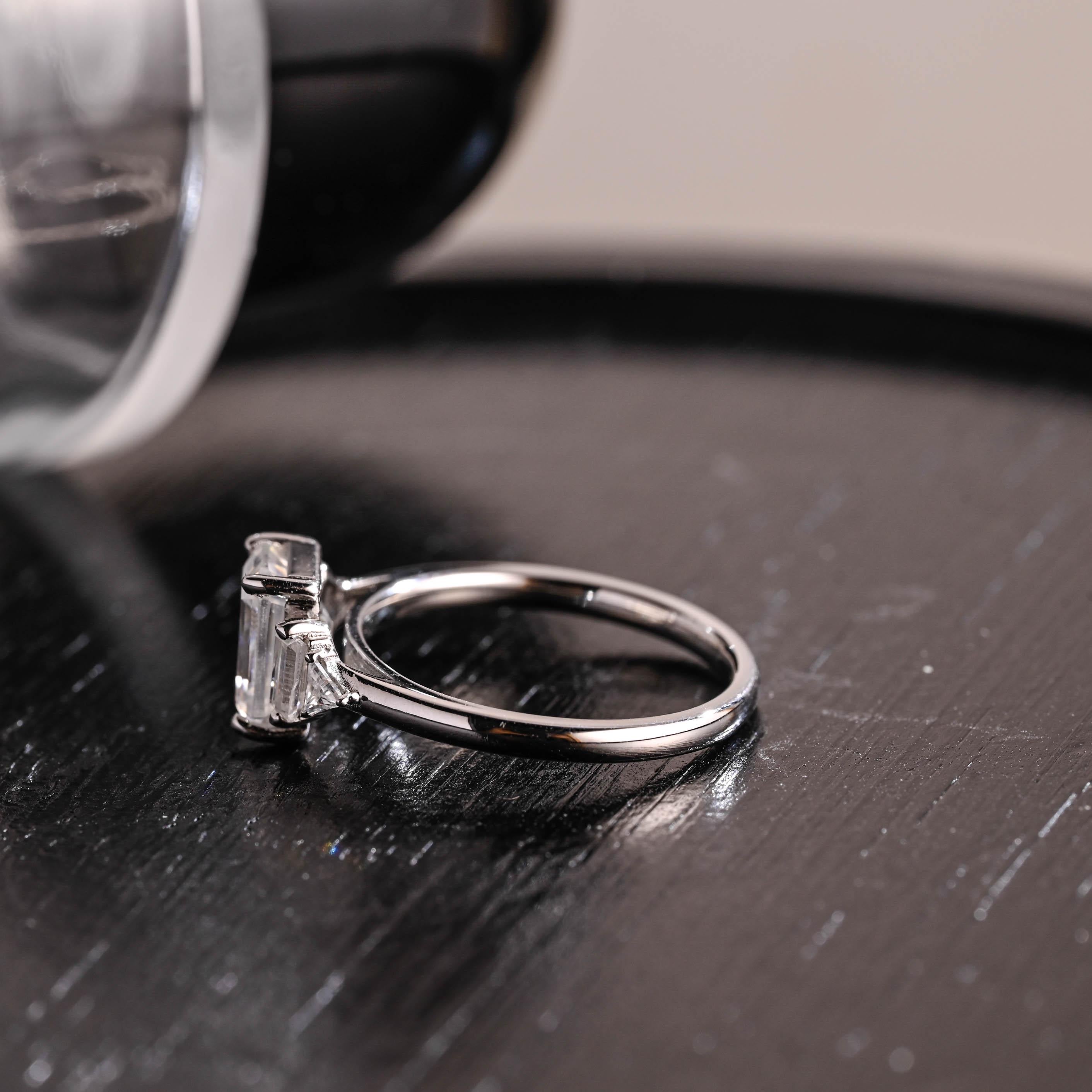 Three Stone Emerald Cut Moissanite Engagement Ring, Solid Gold Emerald Cut Moissanite Wedding Ring, Anniversary Ring, Moissanite Gifts
