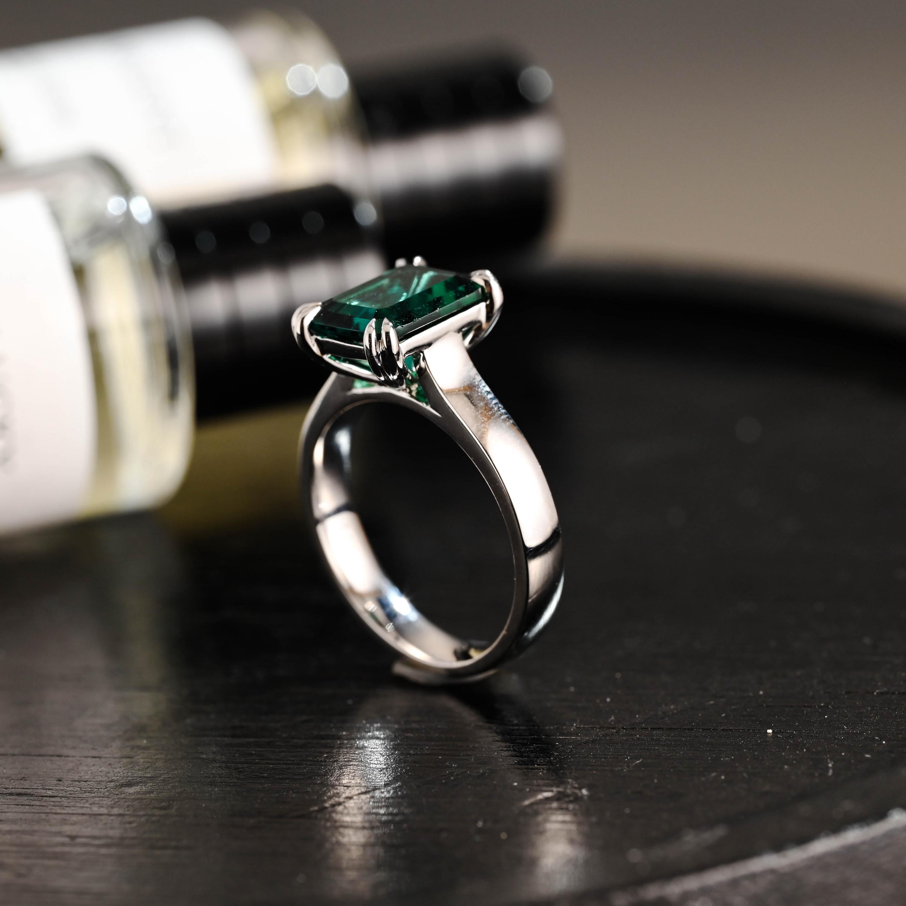 3mm Wide Solid Gold Lab Grown Emerald Engagement Ring, Proposal Ring, Promise Ring, Wedding Ring, Anniversary Gift Birthday Gift for Women