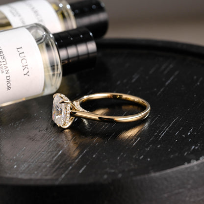 Solid Gold Hidden Halo Radiant Moissanite Engagement Ring, Cathedral Proposal Ring