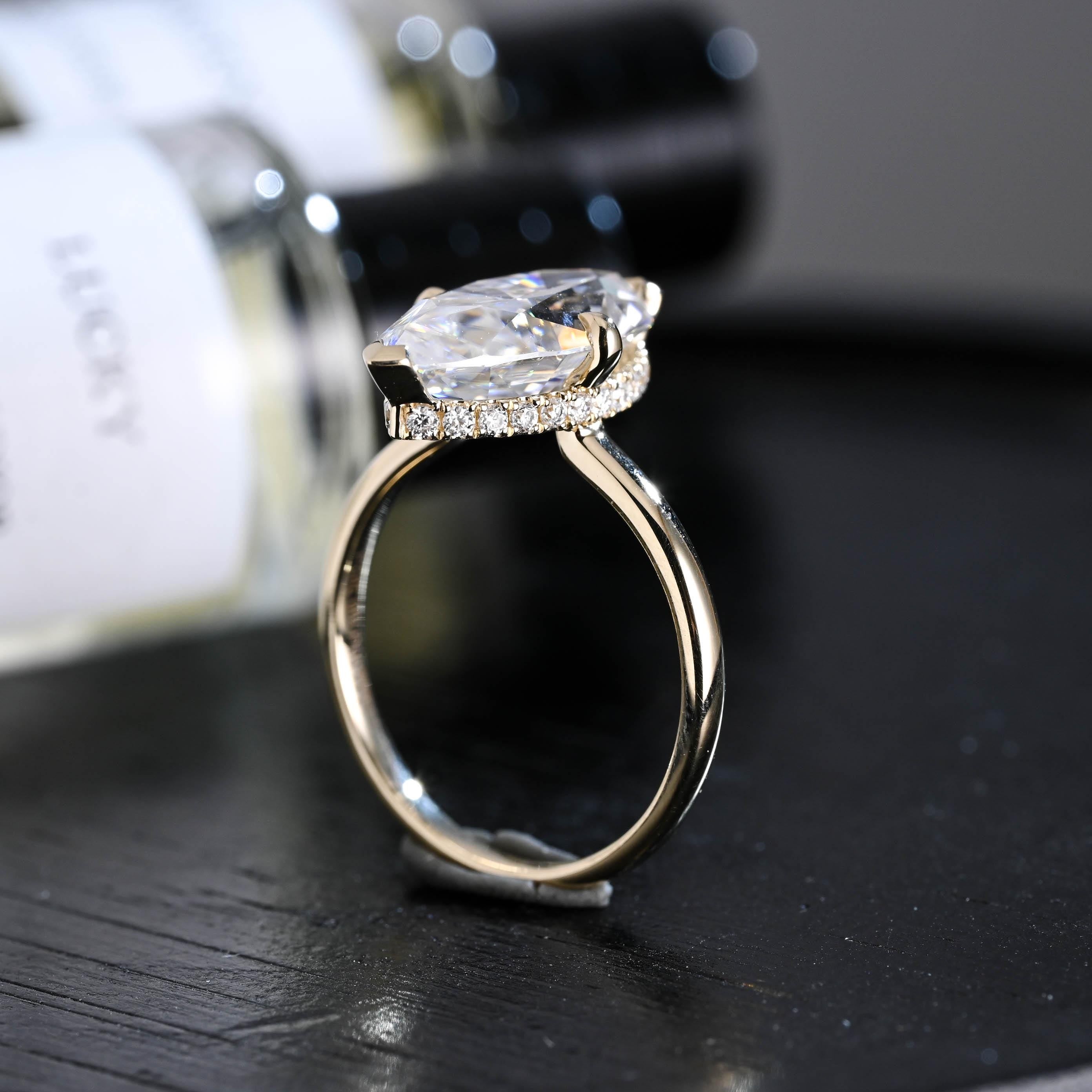 Solid Gold Marquise Cut Moissanite Engagement Ring, Hidden Halo Promise Ring