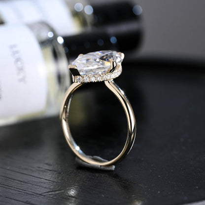 Solid Gold Marquise Cut Moissanite Engagement Ring, Hidden Halo Promise Ring
