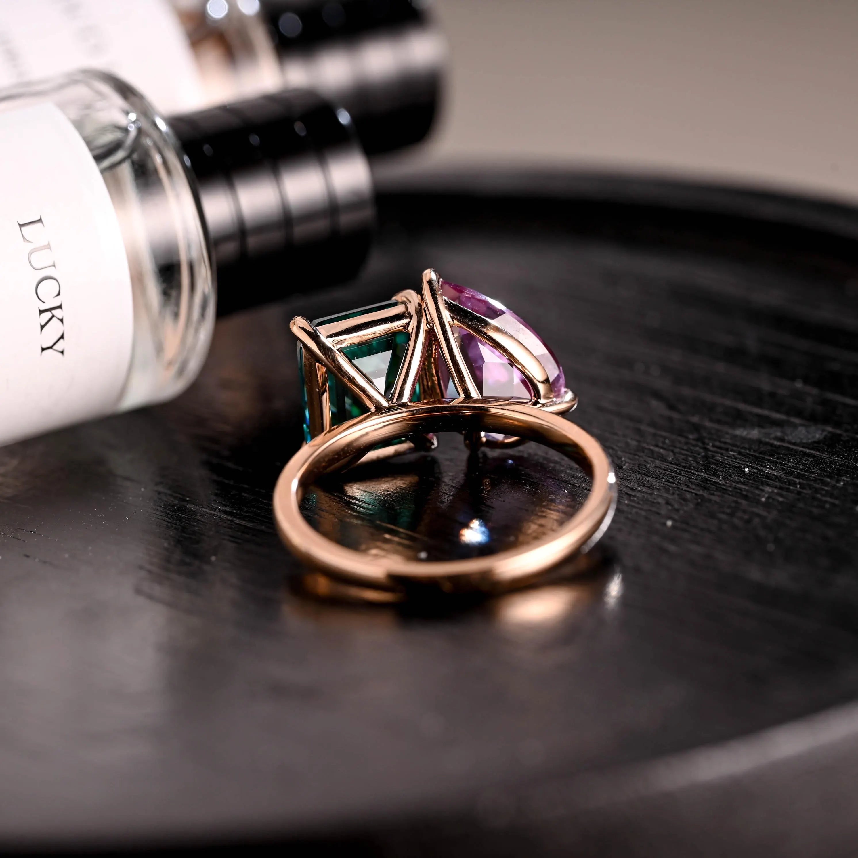 Solid Gold Lab Grown Emerald Toi et Moi Wedding Ring, Pear Alexandrite Two Stone Engagement Ring