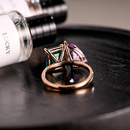 Solid Gold Lab Grown Emerald Toi et Moi Wedding Ring, Pear Alexandrite Two Stone Engagement Ring