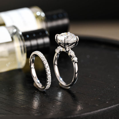 Solid Gold Round Moissanite Engagement Ring Set, Wedding Ring Set, Half Eternity Ring Bridal Set