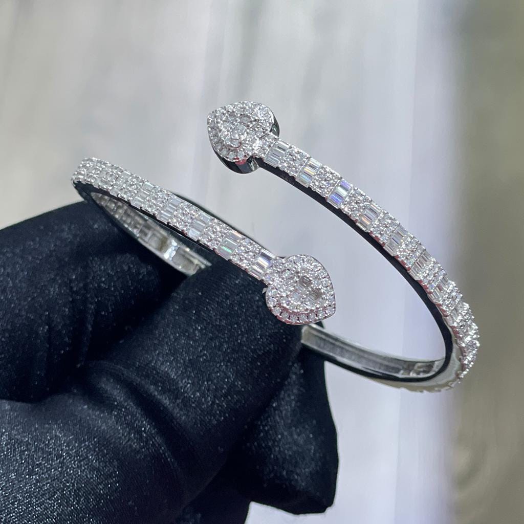 Iced Out Moissanite Heart Bangle Bracelet: 925 Sterling Silver