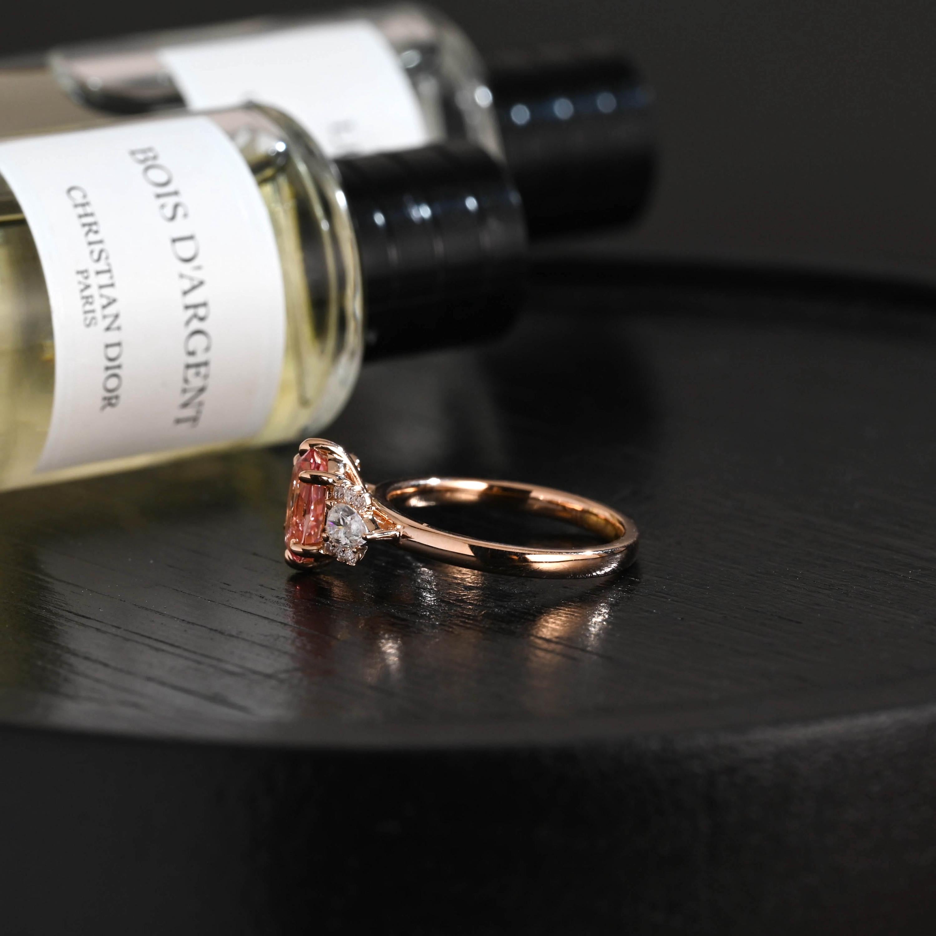 Solid Gold Oval Lab Grown Pink Sapphire Engagement Ring, Three Stone Proposal Ring