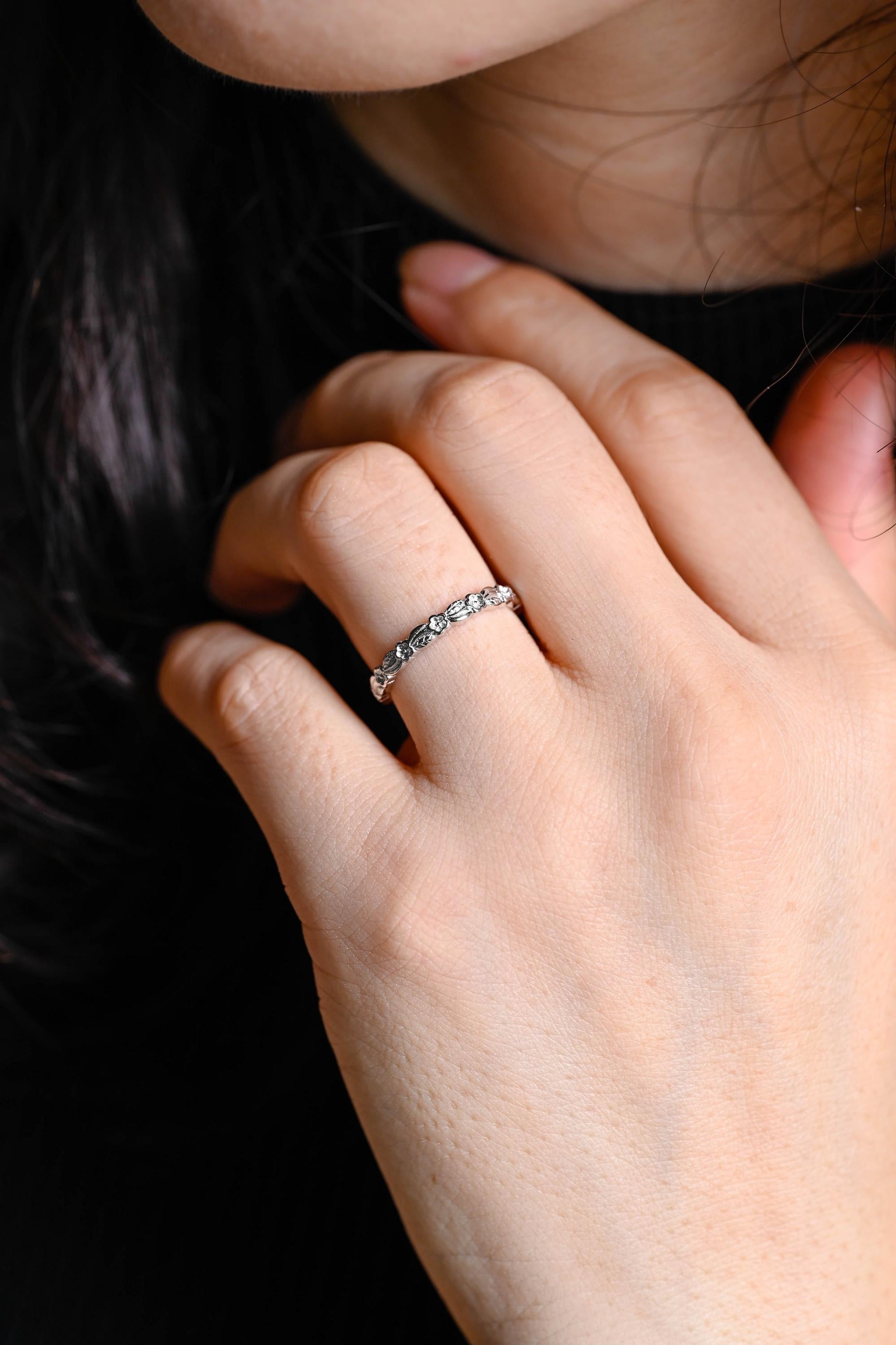 Solid Gold Floral Wedding Band, Nature Inspired Anniversary Ring