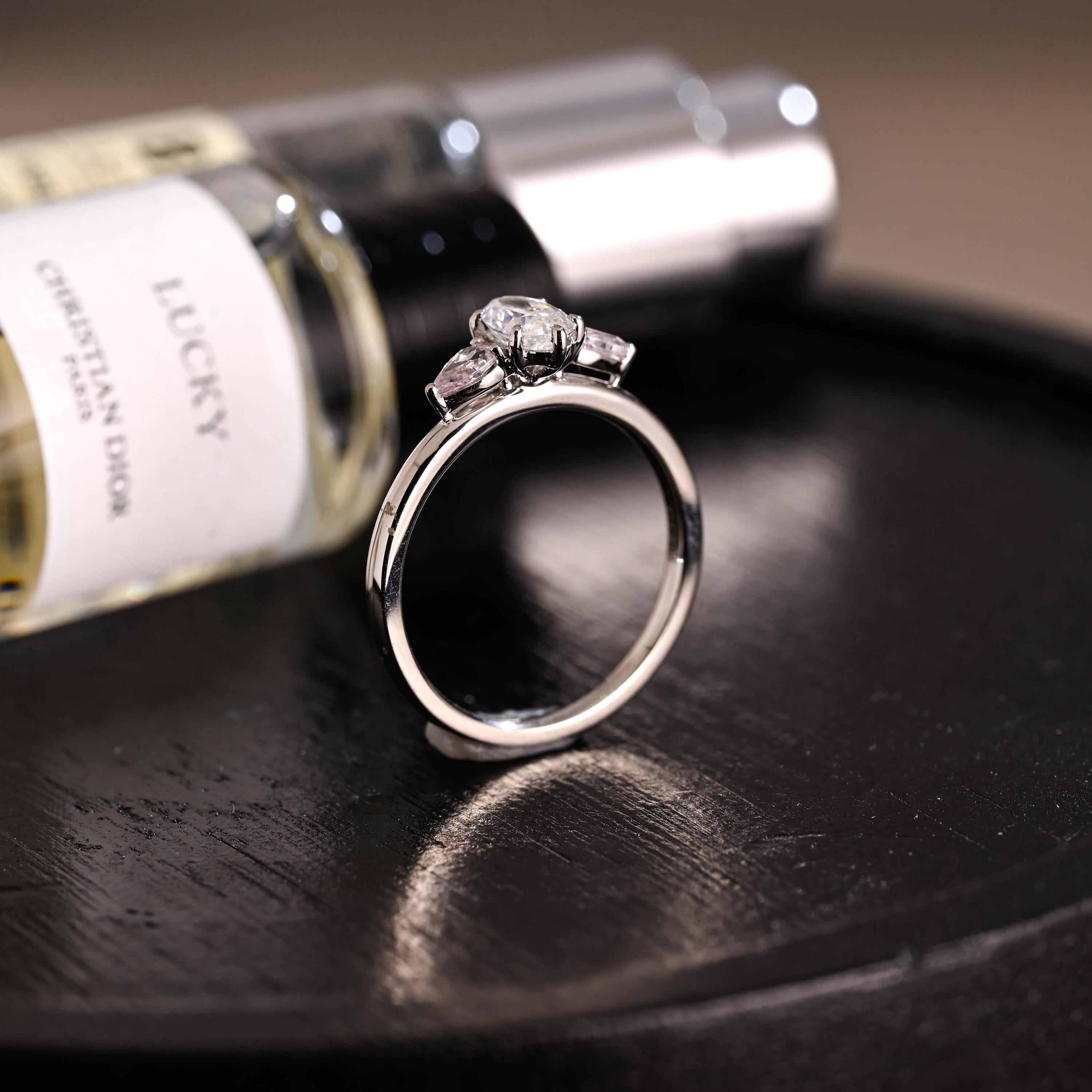 Solid Gold Three Stone Oval Moissanite Engagement Ring, Anniversary Gift for Women