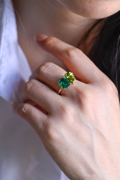 Solid Gold Toi et Moi Ring, Pear Cut Peridot & Lab Grown Emerald Engagement Ring