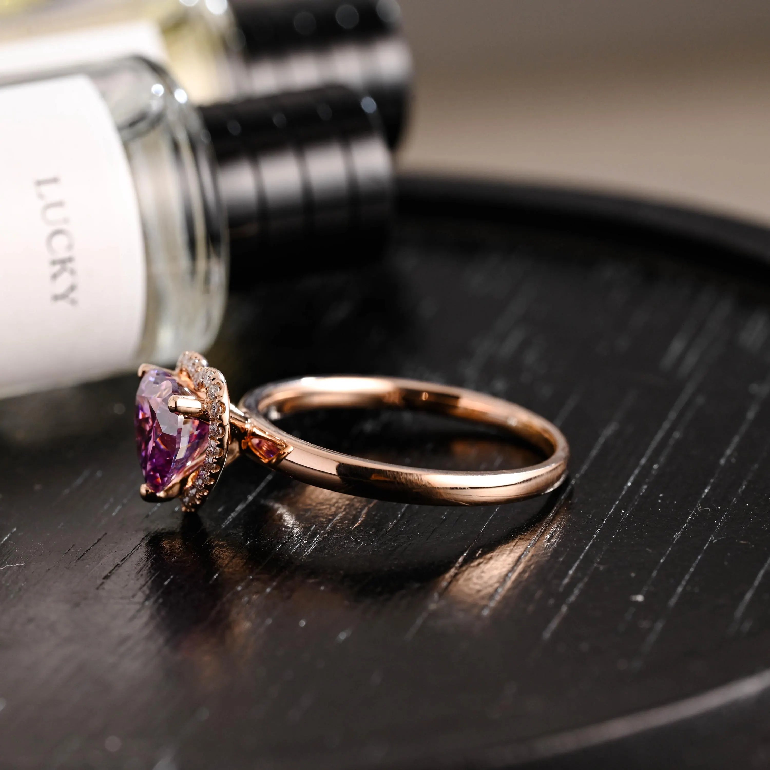 Heart Cut Pink Moissanite Engagement Ring, Unique Halo Heart Cut Wedding Ring