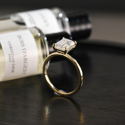 Solid Gold Emerald Cut Moissanite Engagement Ring, Solitaire Emerald Cut Anniversary Ring for Women