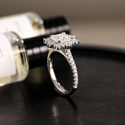 Solid Gold Half Eternity Asscher Cut Moissanite Engagement Ring, Anniversary Gift for Women Wife
