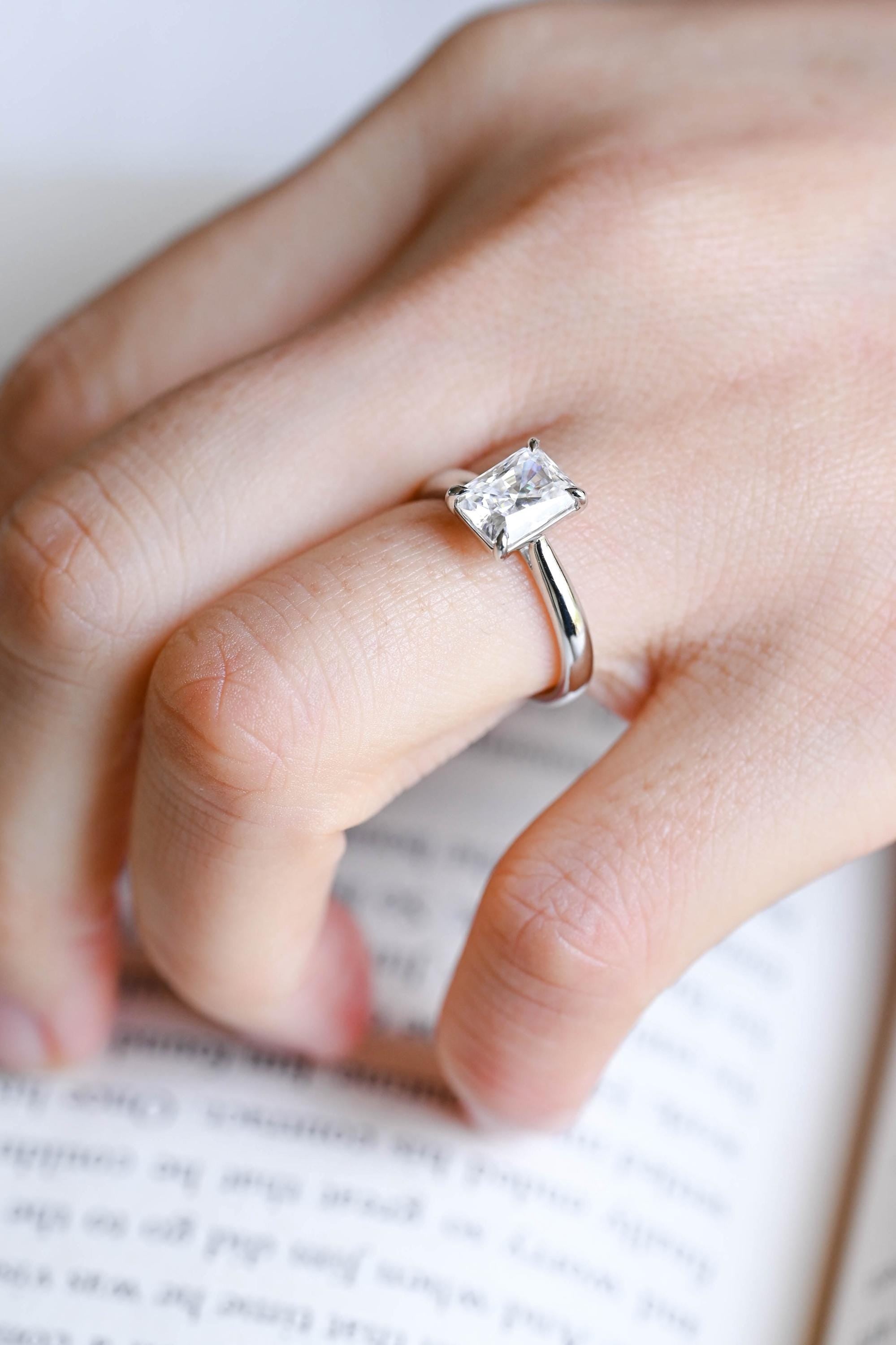 Solid Gold Solitaire Radiant Moissanite Engagement Ring, Anniversary Gift for Women