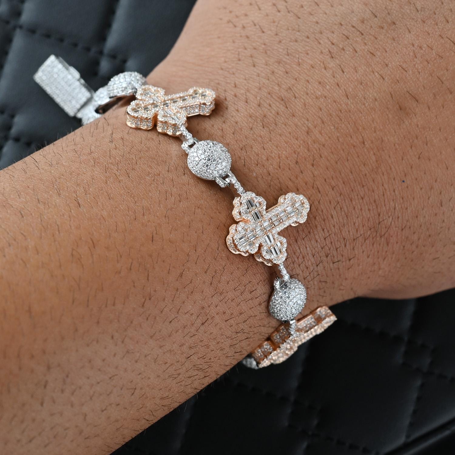 Two-Tone Moissanite Cross Bracelet: 925 Sterling Silver Iced Out Jewelry