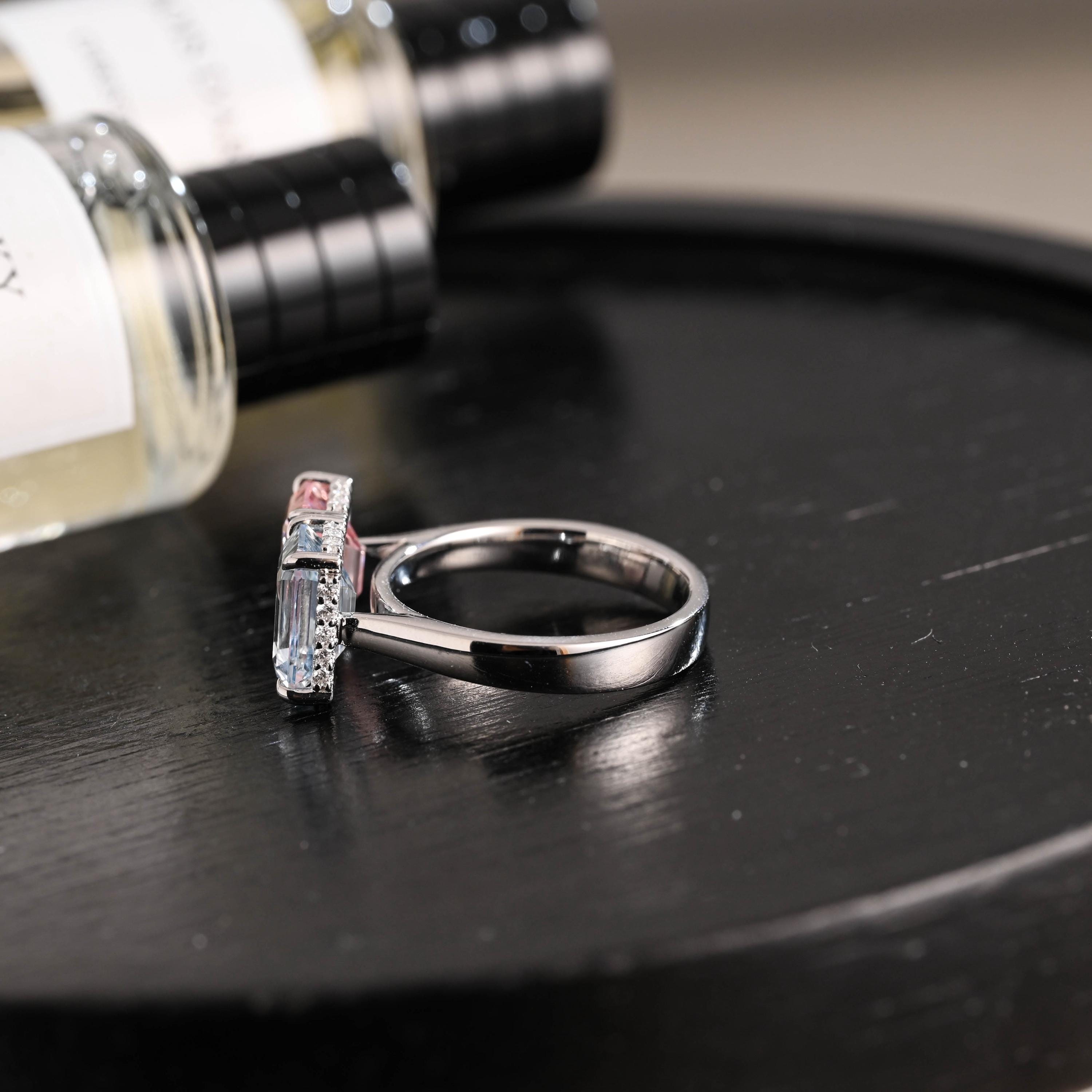 Solid Gold Toi et Moi Emerald Cut Pink Lab Grown Sapphire & Blue Lab Grown Sapphire Engagement Ring