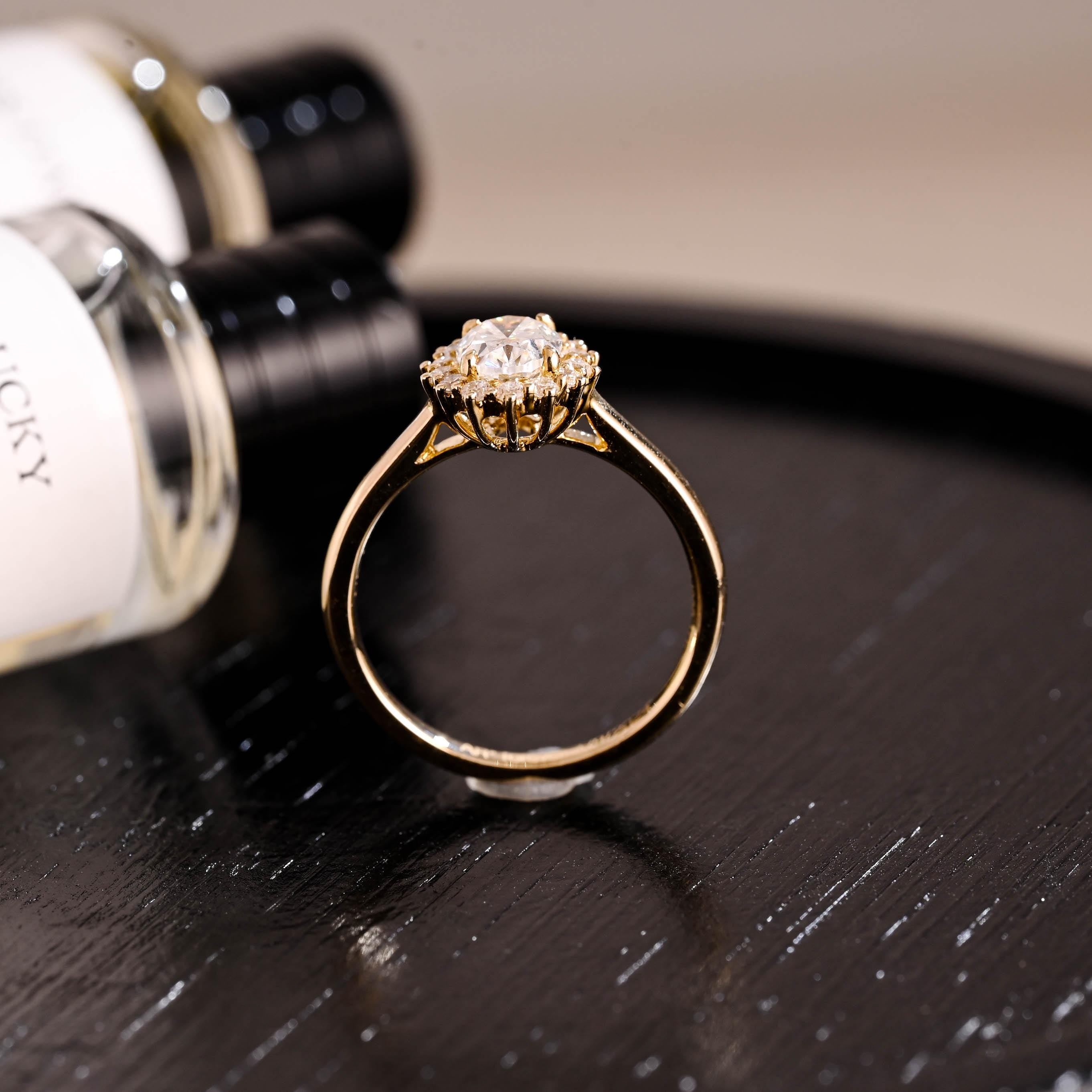 Solid Gold Starburst Oval Cut Moissanite Engagement Ring, Halo Wedding Ring