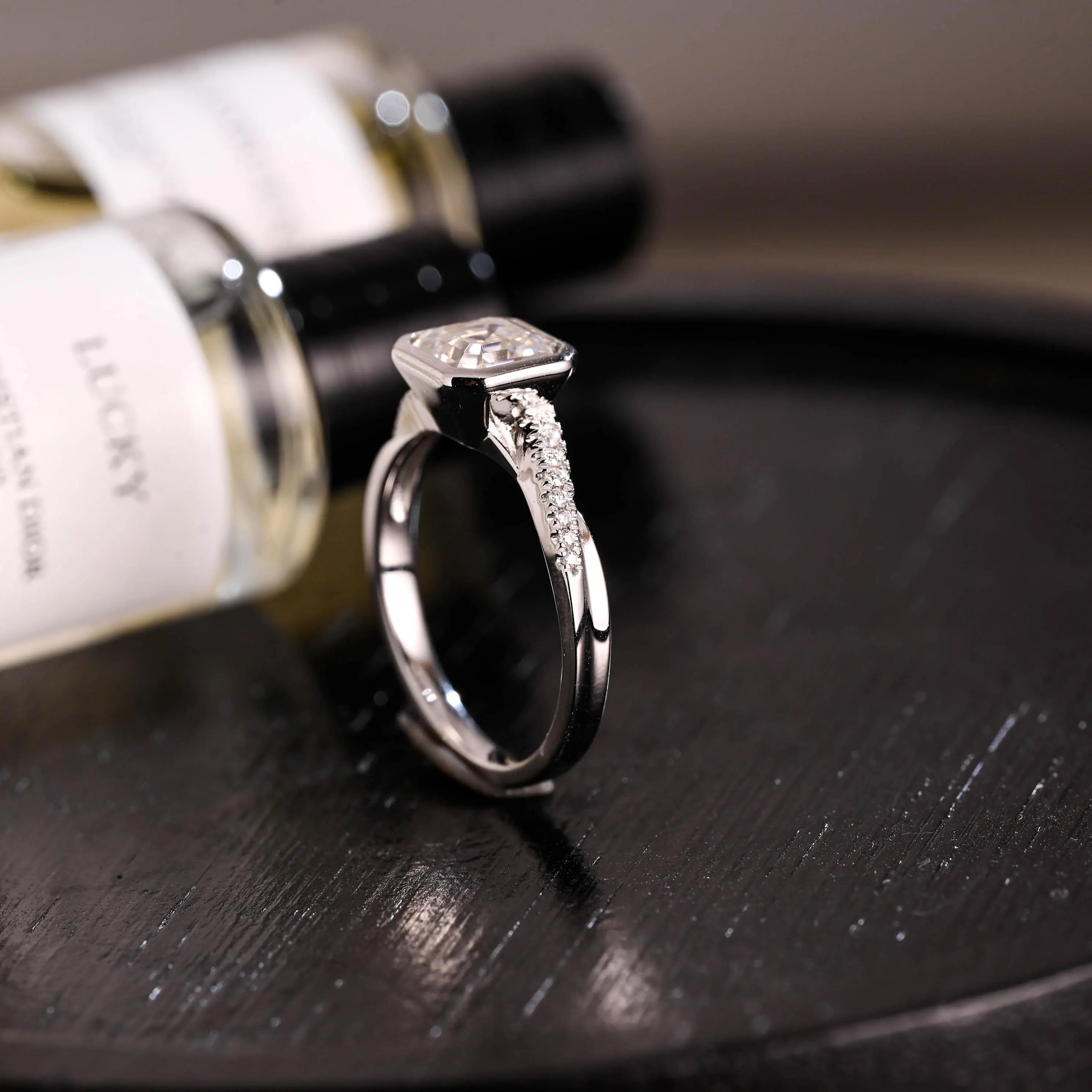 Solid Gold Asscher Cut Moissanite Engagement Ring, Anniversary Gift Birthday Gift for Women Wife