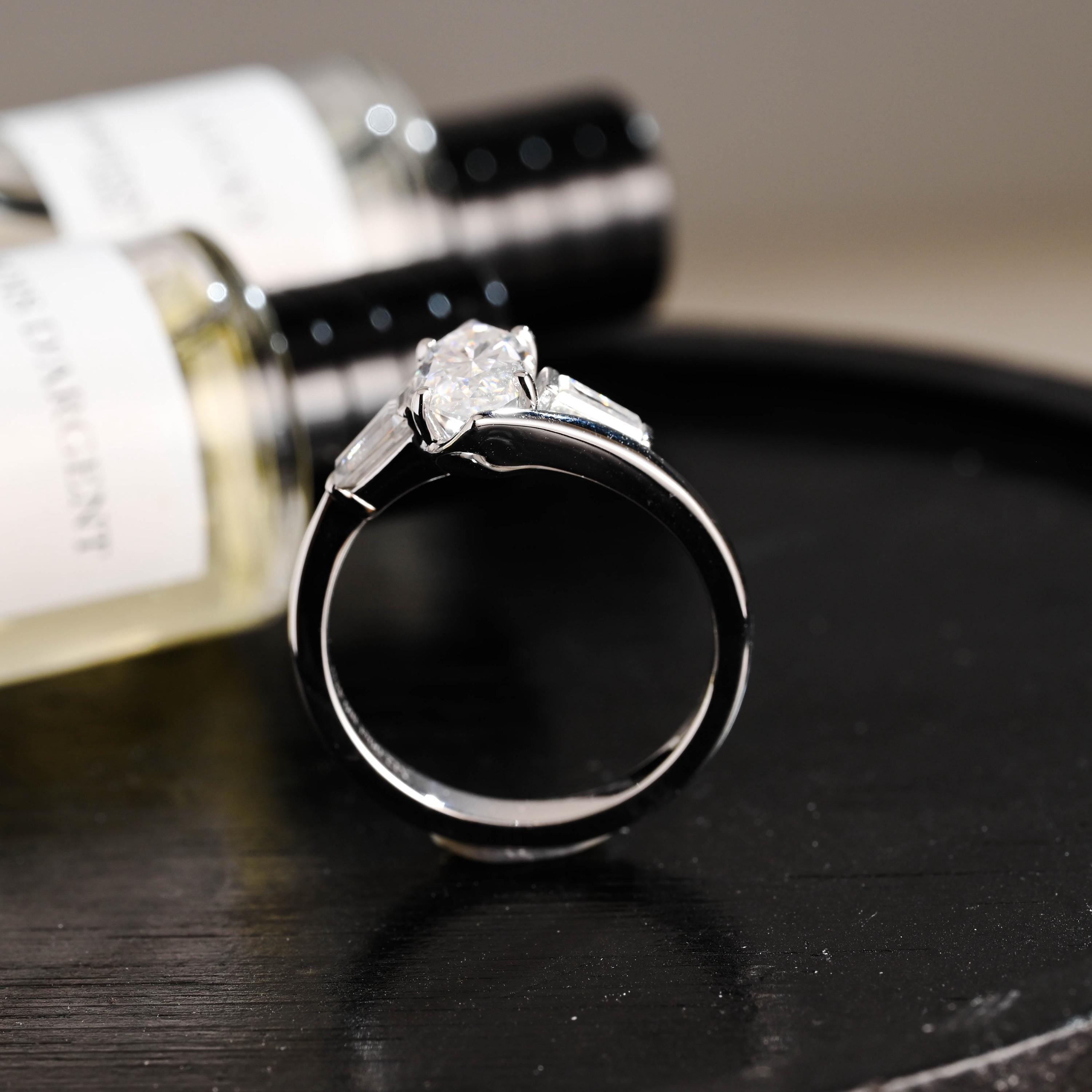 Solid Gold Bypass Marquise Moissanite Ring, Trapezoid Accent Stones, Statement Ring