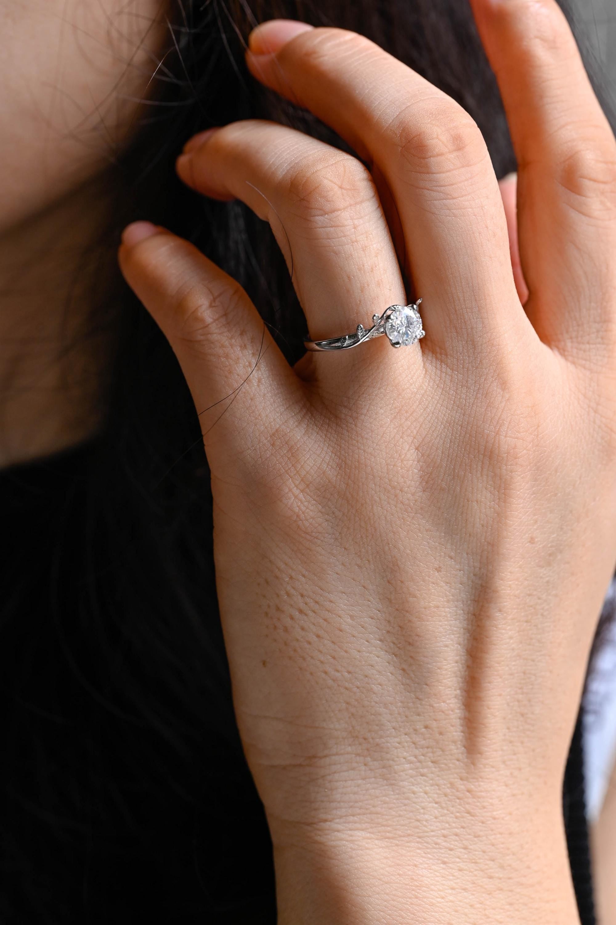 Branch Design Solid Gold Round Cut Moissanite Engagement Ring, Promise Ring, Wedding Ring
