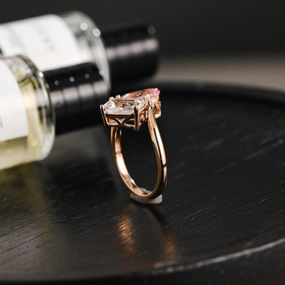 Solid Gold Toi et Moi Lab Grown Pink Sapphire & Emerald Cut Two Stone Moissanite Engagement Ring