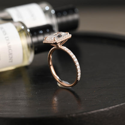 Solid Gold Radiant Cut Moissanite Engagement Ring, Halo Pave Vintage Style Wedding Ring