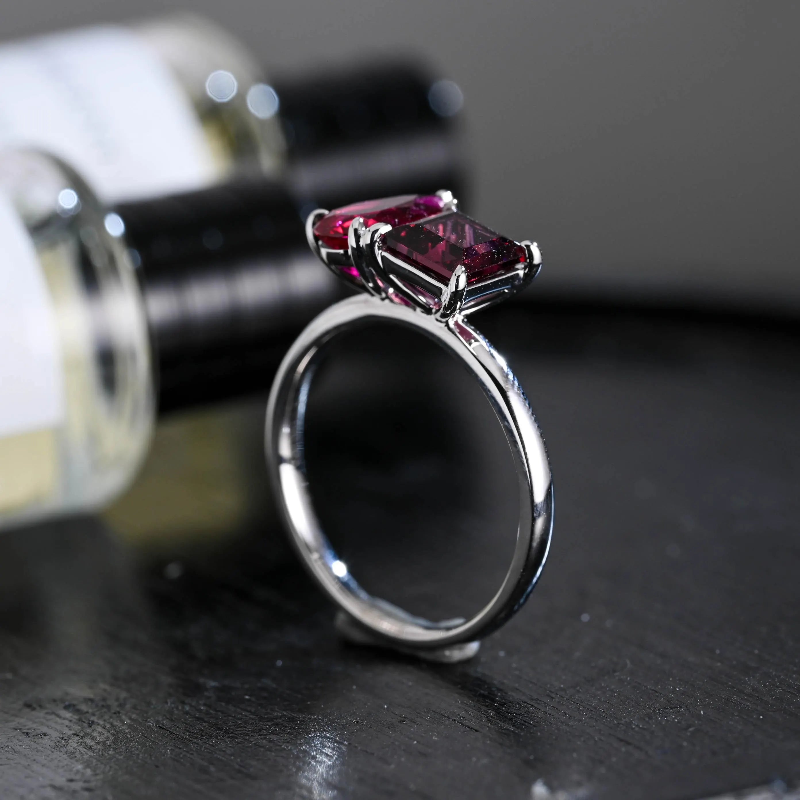 Solid Gold Toi et Moi Princess Garnet & Pear Ruby Engagement Ring, Two Stone Promise Ring